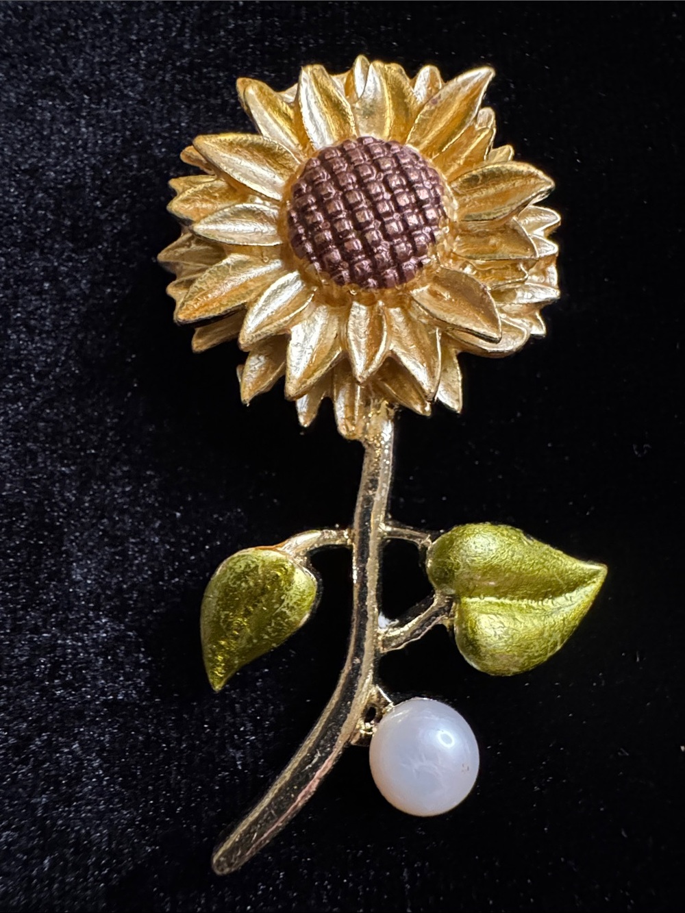 Gold Sunflower Brooch with Green Leaves and Real Pearl Accent